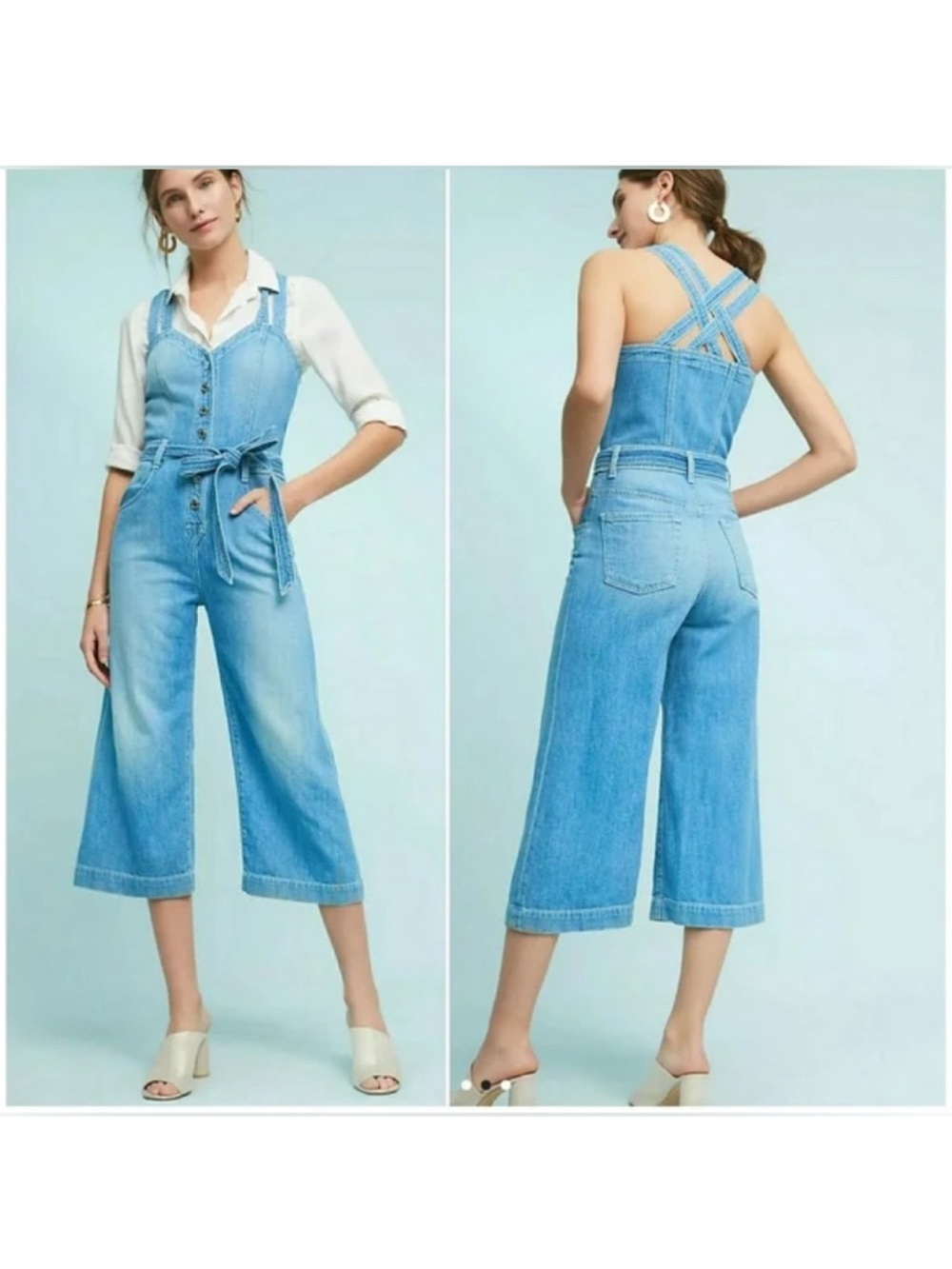 7 For All Mankind Light Blue Denim Wide-Leg Jumpsuit overalls